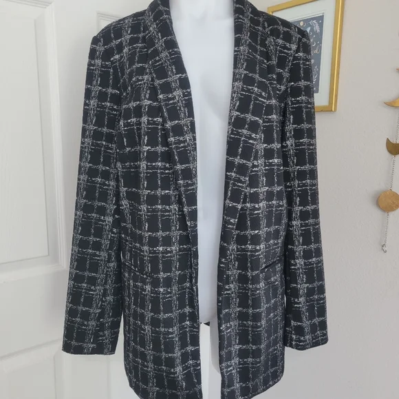 APT. 9 Ponte Stretch Knit Jacket Shine Plaid L NWT Black & Silver - Picture 5 of 16